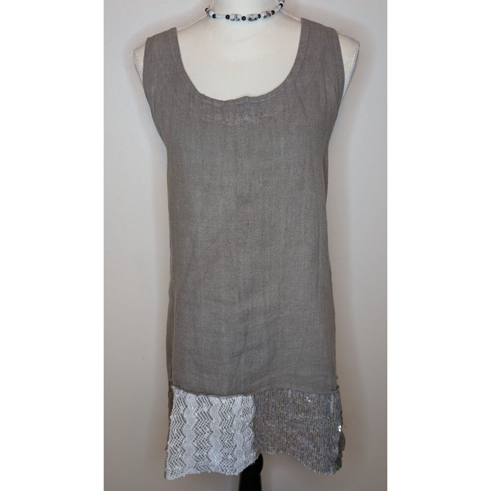 Sarah Santos Italian Linen Tank Top Lagenlook Sequin Crochet Trim Greige L